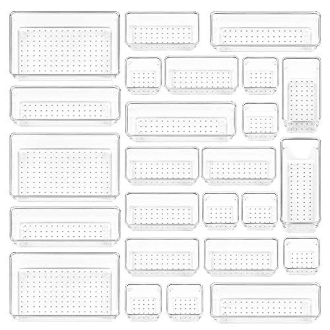 Vtopmart 25 PCS Clear Plastic Drawer Organizers Set, 4-Size Versatile Bathroom and Vanity Drawer Organizer Trays, Storage Bins for Makeup, Bedroom, Kitchen Gadgets Utensils and Office